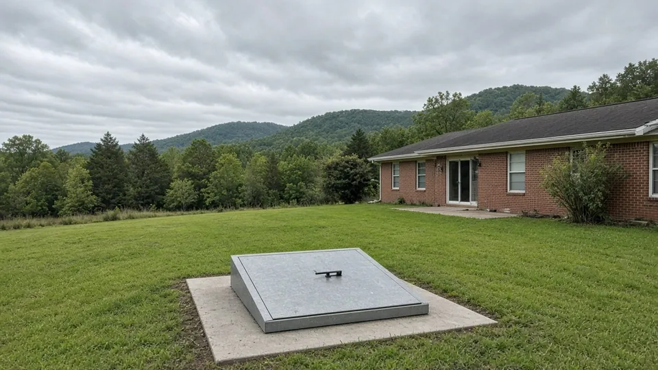 Flush steel storm shelter door in the lawn behind a brick home in Arkansas