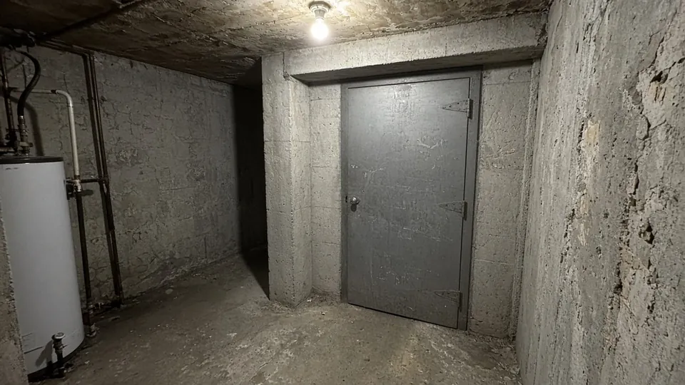 Reinforced concrete shelter room with a steel door in a home basement