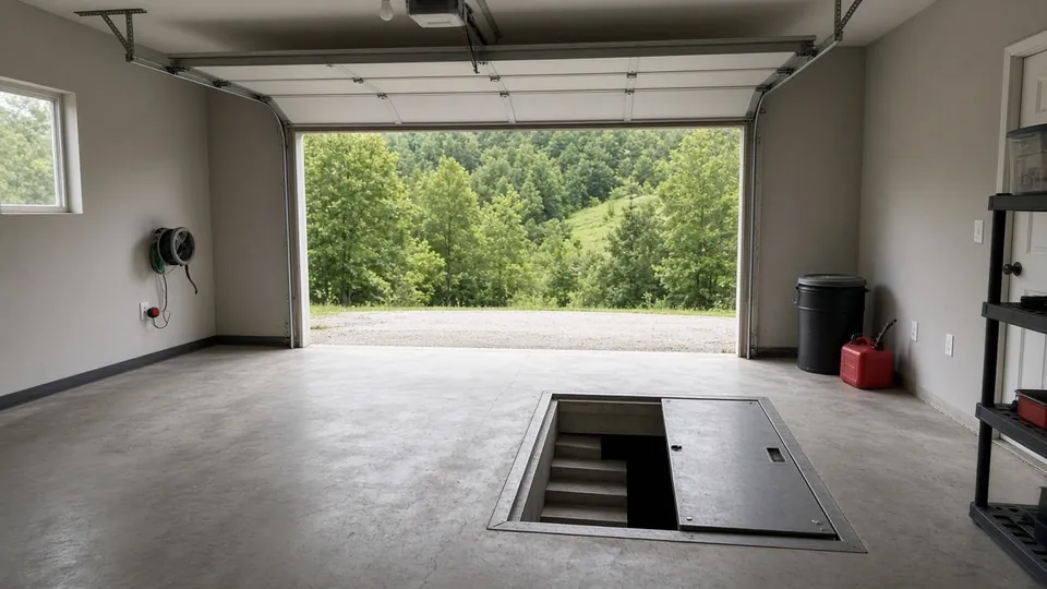 Garage floor storm shelter hatch set into a concrete slab