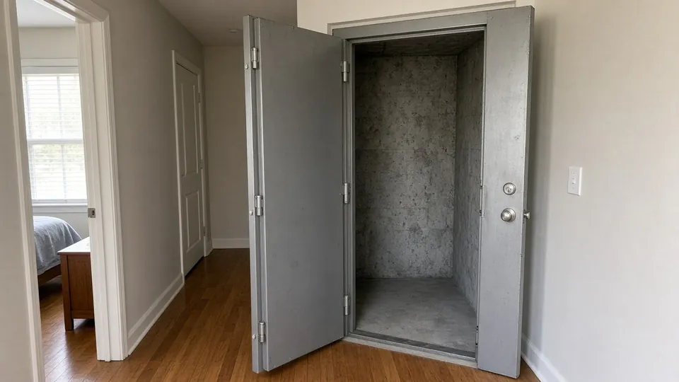 Interior tornado safe room with a heavy steel door inside a home