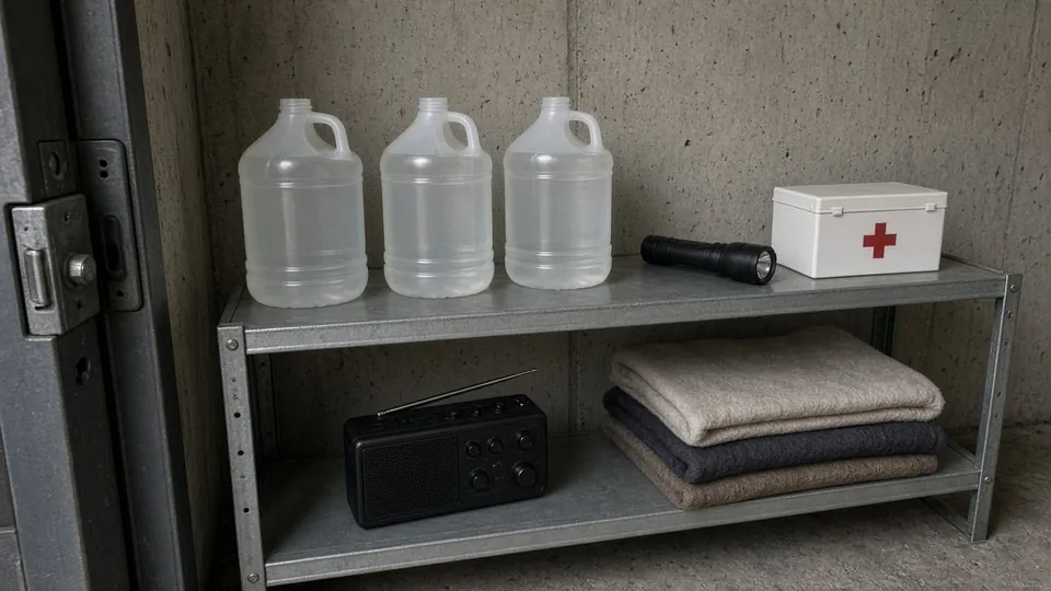 Example photo of a tornado emergency kit with water, flashlight and weather radio