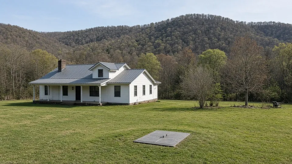 Example photo of a rural Arkansas River Valley home with a storm shelter door