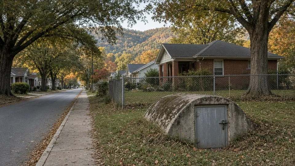 Example photo of an older small-town Arkansas street with a storm shelter
